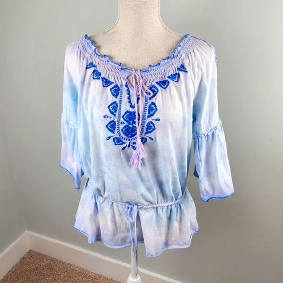 RXB Shirred Neckline Tie Waist Bell Sleeve Tie Dye Top Size Medium - Picture 1 of 8